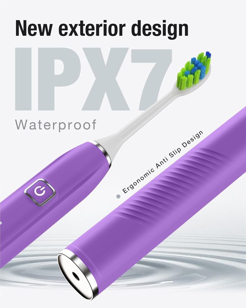 7AM2M Ultrasonic Electric Toothbrush with 6 Brush Heads for Adults&Kids, One Charge for 120 Days, USB-C Charge, 5 Modes, 40000VPM Powered Toothbrush, 2 Minutes Built in Smart Timer (Purple) - Image 5